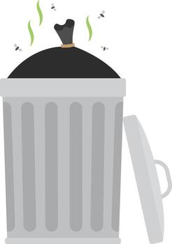 Trash Can with Flies Flat Illustration. Clean Icon Design Element on Isolated White Background vector