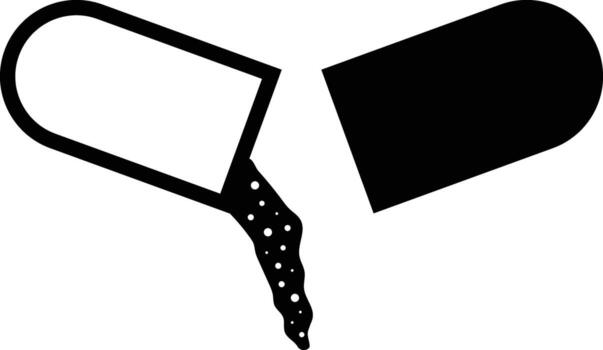 Open Capsule with Falling Granules Silhouette. Black and White Icon Design Elements on Isolated White Background vector