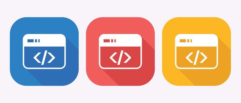 Software Development App Icon With Angle Brackets Blue Red Gold Rounded Squares Long Shadow Design vector