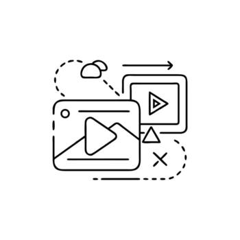 Delgado línea medios de comunicación elementos con blanco fondo, nube conexión y flechas vector