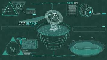 animato interfaccia con un' satellitare piatto antenna, visualizzazione dati ricerca video
