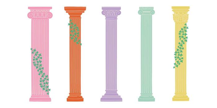 Greek and Roman cartoon columns inspired by ancient mythology, with marble texture and stone grooves. Decorative architectural element perfect for design and history projects vector
