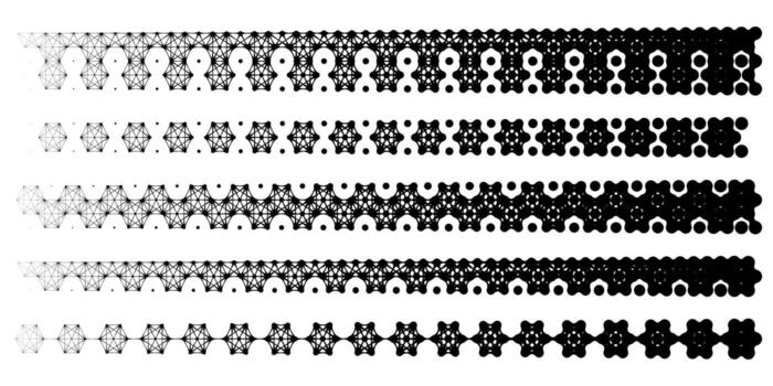 Stipple metaball, organic molecular border pattern. Pixel dots connected to hexagon shape tech frame. Half tone gradient with disperse fade texture. Oval bubble circles, organic line of particle atoms vector