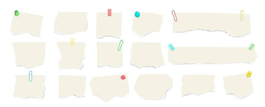 Paper notes with adhesive tape, push pins, and clips. template with blank sheets, sticky notes, and ripped paper pieces for stationery, reminders, or collage design. vector