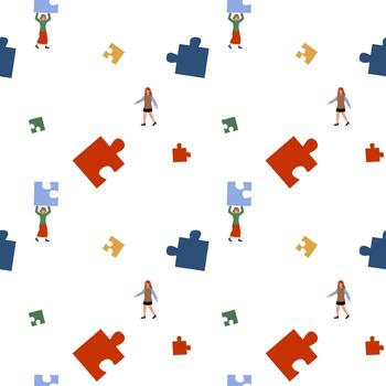 Puzzle pieces scattered across a white background with figures walking among them vector