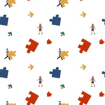 People working together to complete a puzzle in a playful design vector