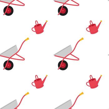 Gardening tools pattern with wheelbarrow and watering can on a white background vector