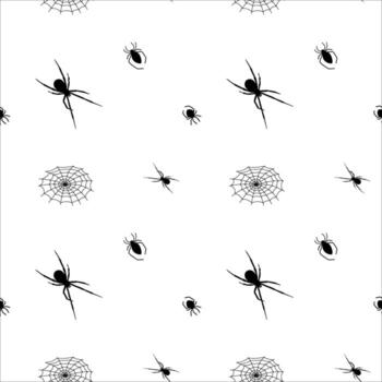 Black spiders and webs pattern on a white background creating a spooky design for Halloween decor vector