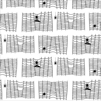 Black and white pattern showing multiple spider webs with spiders scattered across a pale background vector