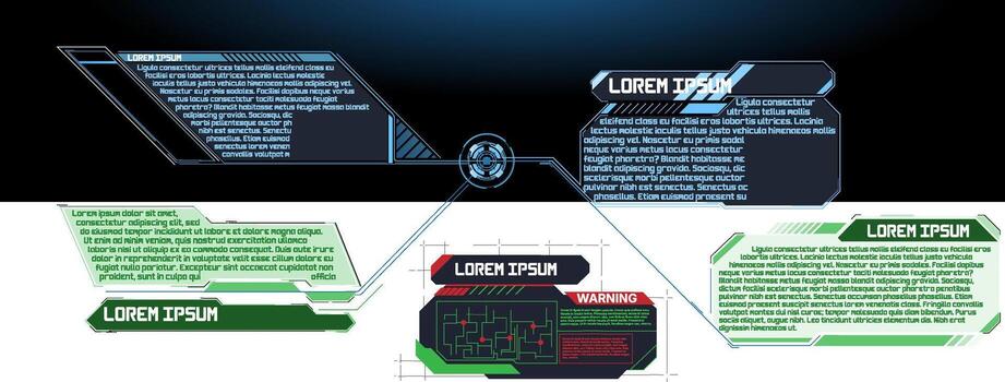 Display of digital information panels with warnings and data visuals in a futuristic design vector