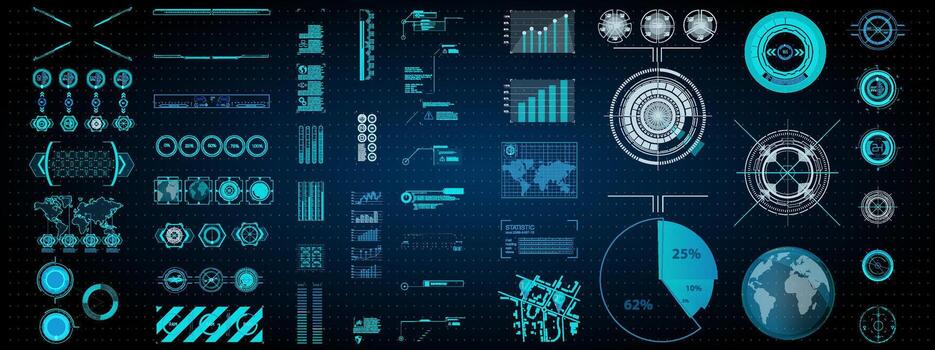 esta visual vitrinas un futurista digital interfaz lleno con datos representaciones, incluso gráficos, gráficos, y un mundo mapa, destacando analítica y perspectivas. vector