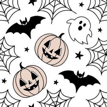 Seamless Halloween pattern featuring smiling jack-o'-lanterns, flying bats, spooky ghosts, spider webs, and stars on a white background. Cute and playful spooky design vector