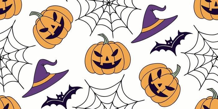 sin costura Víspera de Todos los Santos modelo con sonriente calabazas bruja sombreros murciélagos araña webs y estrellas en ligero antecedentes. festivo escalofriante textura vector