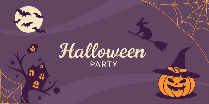 Halloween party background with flying witch on broom smiling pumpkins bats and bunting flags on light backdrop with stars and copy space. vector
