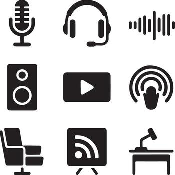podcast y audio grabación íconos conjunto - símbolos para En Vivo corriente y radiodifusión vector