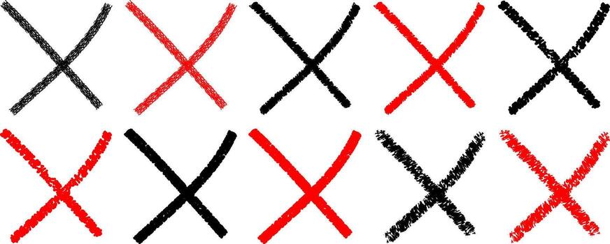 Hand-drawn black and red x marks arranged in two rows of five vector