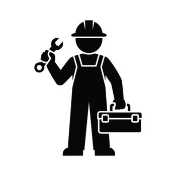 Silhouette of a construction worker with wrench and toolbox on white background builder handyman vector