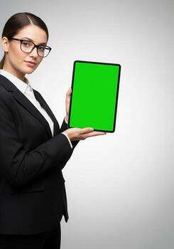 de cerca participación utilizando inteligente tableta con verde blanco pantalla, móvil aplicación, publicidad, en línea marketing, bandera, negocio, tecnología, personas contacto, vacío espacio, Copiar espacio foto