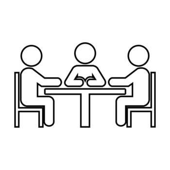 Tres contorno palo cifras son sentado juntos a un negro rectangular mesa en blanco vector