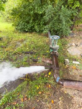 An open water pipe in the forest, watering trees, a hydrant and a water valve. A pipe with water coming out of it photo
