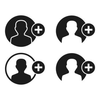 Four user profile icons with plus symbols silhouette isolated on white background vector