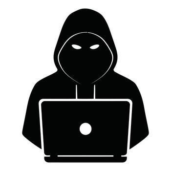 hacker silueta utilizando un ordenador portátil aislado en blanco antecedentes vector