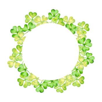 Round frame of shamrock and four leaf clover for St. Patrick's Day. Watercolor and marker illustration. Hand drawn isolated art. Botanical background with copy space, place for holiday text vector