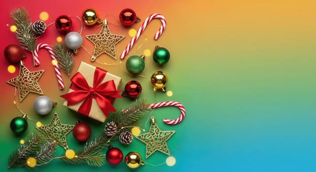 Christmas closeup and new year background concept. Top view of Christmas decoration, snowflake, Christmas Lights gingerbread cookies and fir tree branch photo