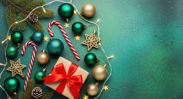 Christmas and new year background concept closeup. Top view of Christmas decoration, snowflake, Christmas Lights gingerbread cookies and fir tree branch photo