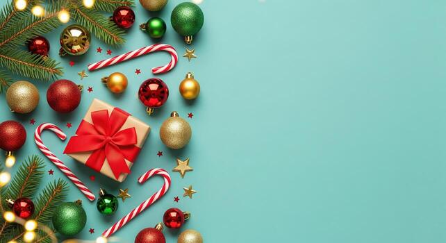 Christmas and new year background concept. Top close up view of Christmas decoration, snowflake, Christmas Lights gingerbread cookies and fir tree branch photo