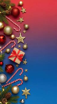 Christmas and new year background concept. Top view of Christmas decoration closeup , snowflake, Christmas Lights gingerbread cookies and fir tree branch photo