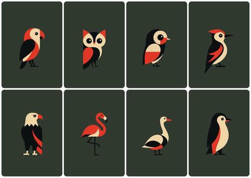 Minimal Bird Icons Set - Owl, Eagle, Flamingo, Penguin, Duck, Parrot vector