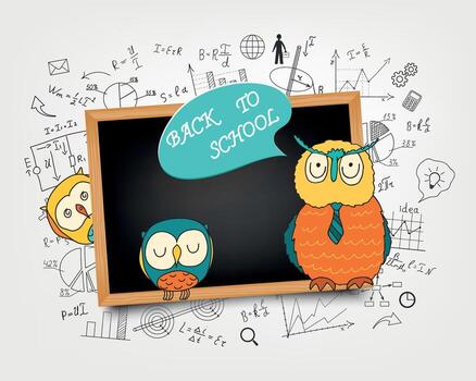 Back to school. The school Board. A smart owl in a tie and two small ones against a background of mathematical equations and formulas. Hand-drawn diagrams and graphs. Doodle. vector