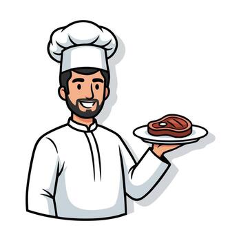 Smiling chef presents a steak on a plate with confidence vector