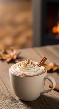 Close up Autumn, fall, cappuccino. A white mug with whipped cream and a cinnamon stick on top photo