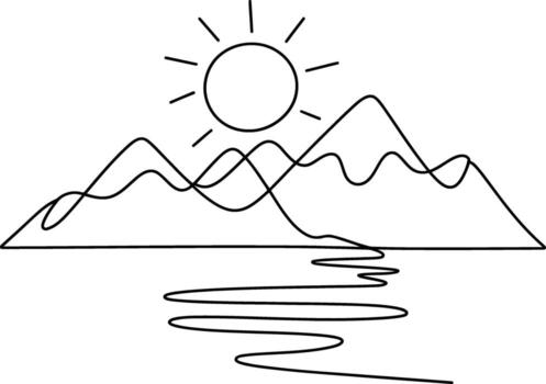 Minimalist continuous line drawing of a sun setting over wavy water and mountains vector