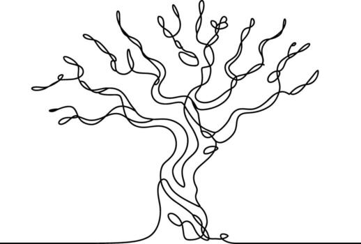 Minimalist single line drawing of a gnarled tree with winding branches on a white background vector