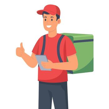 Delivery Boy with Smart Device Checking Online Orders. a delivery boy checking online orders using a digital device, representing smart logistics and technology-driven courier management. vector