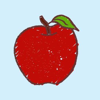 Red apple drawing in crayon style with playful and vibrant design, suitable for prints, stickers, and art projects vector