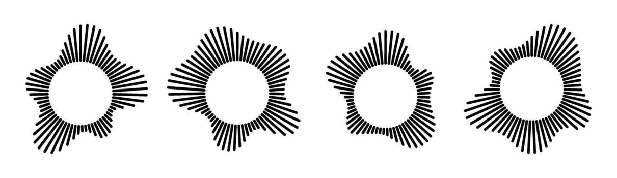 circular sonido ola visualización con radial negro líneas. cuatro variaciones de radial audio frecuencia patrones. vector