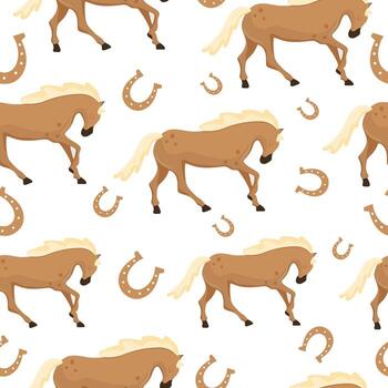 seamless pattern with icons of the symbol of the New Year, namely a horse with a tilted head and a bent leg and a horseshoe, for textile templates, packaging or other thematic printing vector