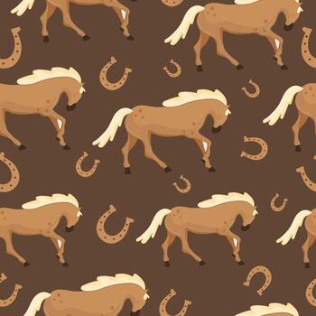 seamless pattern with icons of the symbol of the new year, namely a horse with a tilted head and a bent leg and a horseshoe on a brown background, for textile templates vector