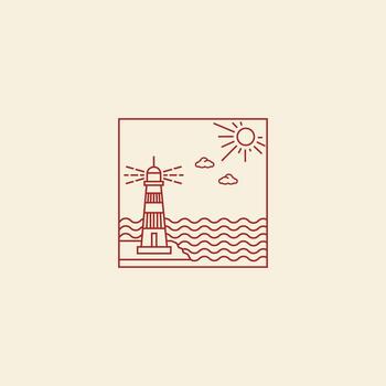 Lighthouse And Ocean View Logo Design, Minimal Line Art with Sun And Waves vector