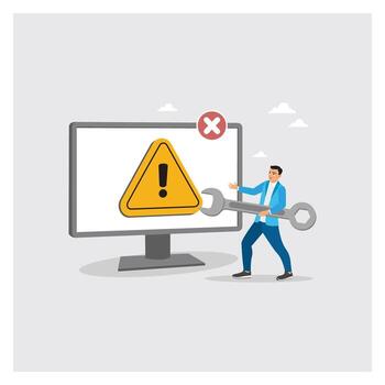 Technician holding large wrench fix system problem message on computer. vector