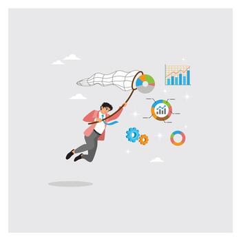 Businessman catch statistical data graph and chart with butterfly net. vector