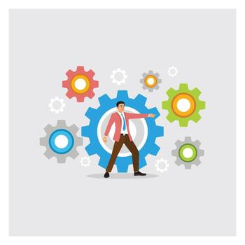 Business Leader Steering Growth Through Multicolored Gears, Cogwheels Optimize Process. vector
