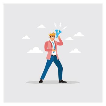 Furious Businessman Boss With Crown Shouting on Megaphone While Pointing Direction. vector