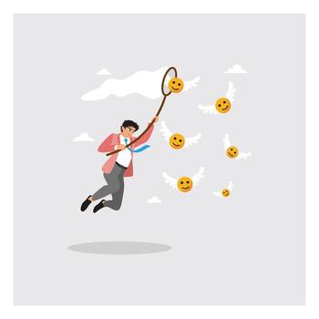 Businessman Catch Winged Smiling Face With Butterfly Net Metaphor of Happiness. vector