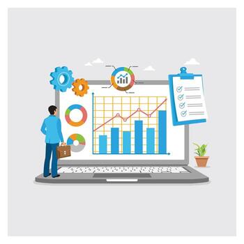 Businessman with laptop displaying business management project data. vector