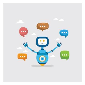 Smart blue robot talking with speech bubble, dialog on digital conversation. vector